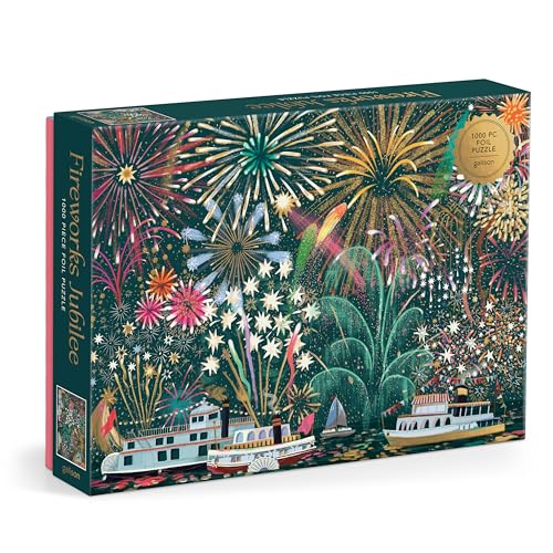 Galison Fireworks Jubilee – 1000 Piece Foil Jigsaw Puzzle Featuring Beautiful Artwork of Fireworks Overlooking Boats On The Water