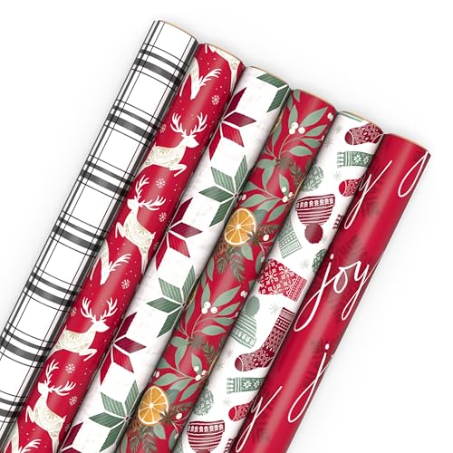 Hallmark Recycled and Recyclable Christmas Wrapping Paper Rolls with Cutlines on Reverse (6 Rolls: 150 Sq. Ft. Total) Deer, Mittens, Citrus with Pinecones, Red and Green Quilt
