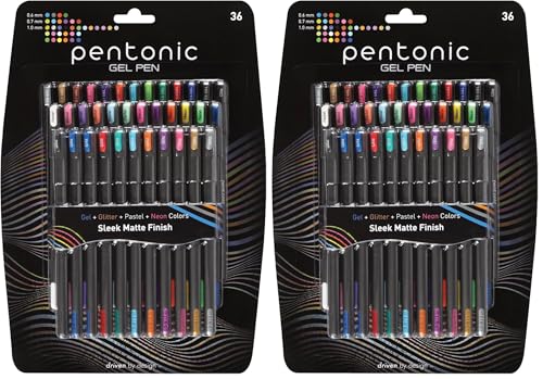 Pentonic Gel Pens, 36 Count, 36 Assorted Colors (Assorted Color, Neon, Pastel & Glitter), Medium & Fine Point, Smooth Writing For Journaling (1002358) (Pack of 2)