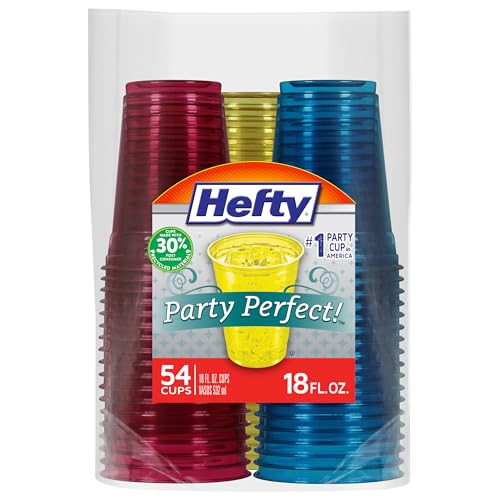 Hefty Party Perfect Tinted Disposable Plastic Cups, Red, Blue, and Yellow Plastic Cups, Perfect Party Cups for Easy Cleanup and Large Gatherings, 18 Ounce, 54 Count