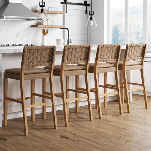 Nathan James Cohen Mid-Century Modern 29 in. Wood Bar Stool, Upholstered Faux Leather Bar Height Stool with Solid Wood Frame, Natural Brown, Set of 4
