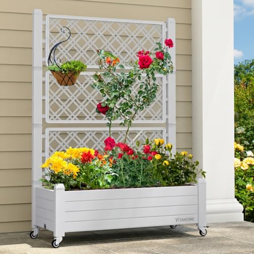 YITAHOME 3.6x1.5x5 FT Planter Box Trellis with Wheels, Large Outdoor Plastic Raised Garden Bed with Drain Plug for Climbing Plants, Grayish-White