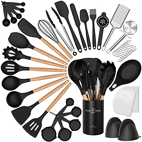 Silicone Cooking Utensils Set, 43Pcs Non-Stick Heat Resistant Kitchen Utensils Spatula Set with Wooden Handle for Baking, Cooking, and Mixing, Best Kitchen Gadgets Tools with Holder (Black)