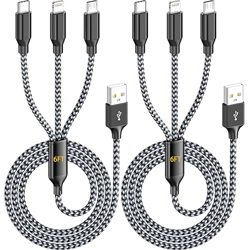 IDISON 3 in 1 Multi Charging Cable 6FT 2Pack, MFi Certified USB A Charger Cord with Lightning USB C Micro USB, Nylon Braided Universal Phone Charger for iPhone iPad Android Tablets Travel