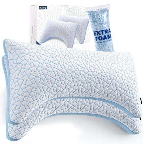 A-Pce Adjustable Pillow, King Size Set of 2 Bed Pillows for Sleeping, Luxury Shredded Memory Foam Pillows, Cooling Pillow for Side, Back, Stomach Sleepers, Firm Pillow for Hot Sleepers Neck Support
