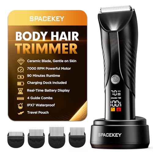 Spacekey Electric Body Hair Trimmer - IPX7 Waterproof Ball Trimmer for Men with LED Light, Wet/Dry Groomer, USB-C Rechargeable, Travel Bag Included - Men's Pubic, Groin and Body Shave