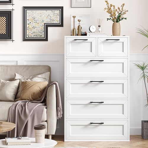 BOTLOG 6 Drawer White Dresser, Tall White Dresser with Large Storage Space, Modern Wood Storage Chest of Drawers, for Living Room, Hallway, Entryway