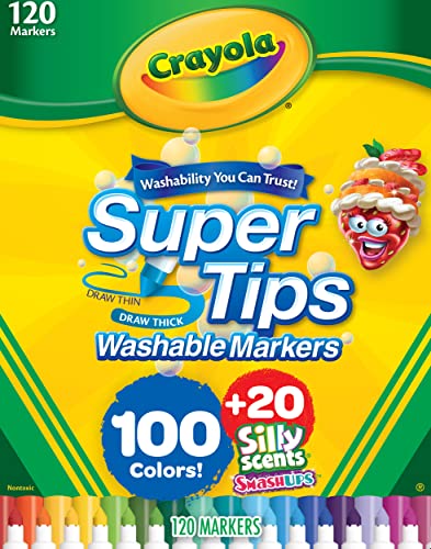 Crayola Super Tips & Silly Scents Washable Marker Set (120ct), Bulk Colored Markers for Coloring Books, Fine Tip, Conical, Water-Based Ink, Ideal for Kids' Art Projects, Gifts