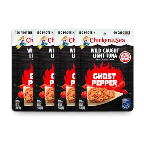 Chicken of the Sea Lightly Seasoned Ghost Pepper Wild Caught Light Tuna, 2.5 Ounce Packets, 4-Count – Scorching Spice Flavored High Protein Tuna in Water – Easy, Nutritious Ready to Eat Meals