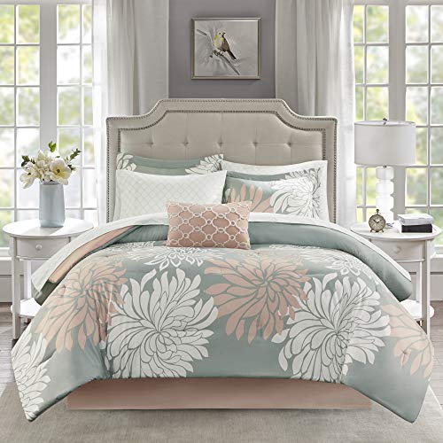 Madison Park Essentials Maible Cozy Bed in A Bag Comforter with Complete Cotton Sheet Set-Floral Medallion Damask Design All Season Cover, Decorative Pillow, King (104 in x 92 in), Blush/Grey