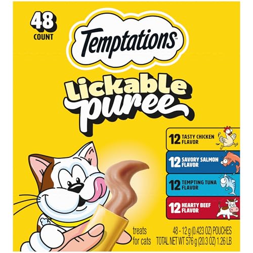 Temptations Creamy Puree Squeezable Lickable Cat Treats, Wet Cat Treats with Beef, Salmon, Chicken, and Tuna Variety Pack, 0.42 oz. Tubes, 48 Count