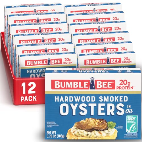 Bumble Bee Canned Hardwood Smoked Oysters, 3.75 oz Cans (Pack of 12) - Ready to Eat - 18g Protein per Serving - Gluten Free