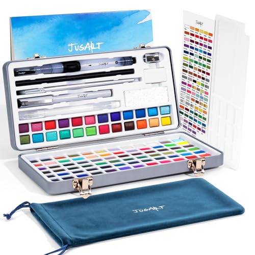 JusArt 108 Colors Watercolor Paint Set,Art Supplies with Metallic Color, Detail Painting Brushes, Water Brush Pens, Portable Travel Watercolor Painting Set for Adult, Artists, Professionals