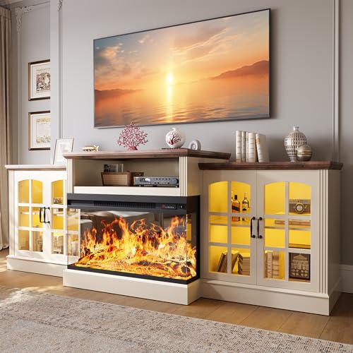 OneBlis 97" Fireplace TV Stand with 36" Electric Fireplace, Farmhouse Entertainment Center for TVs up to 100", Media Console Table with Large Storage Cabinets, for Living Room, White