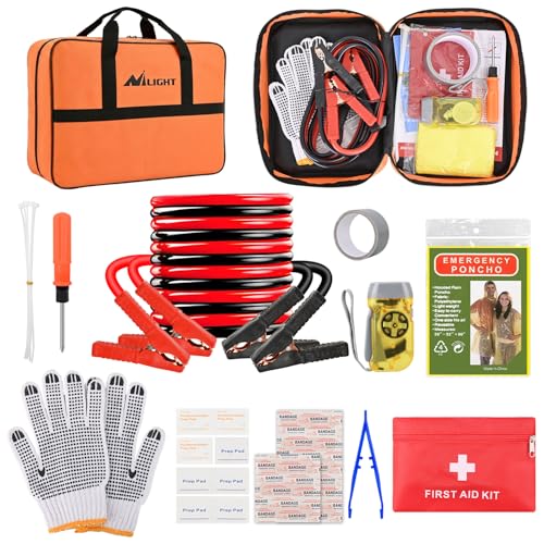 Nilight Car Emergency Kit with Jumper Cable, First Aid Kit, and Flashlight, Roadside Safety Emergency Tools for Vehicles Travel Camping Outdoor Truck SUV RV for Teen, Women, Men