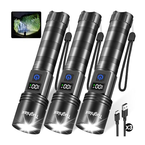 Tughlax 3Pack Rechargeable Flashlights High Lumens, Super Bright Flashlight with LCD Digital Display, 5 Modes Adjustable LED Flashlight Tactical Flashlights High Powered, Flash Lights for Emergency