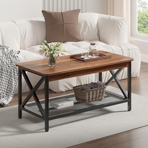 VECELO Coffee Table with 2-Tier Storage Shelf X-Frame for Living Room, Office Industrial Style,Easy Assembly, 39 inch Brown