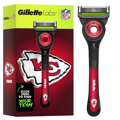 Gillette Labs Special NFL Chiefs Edition Shaving Razor for Men - 1 Handle, 4 Razor Blade Refills & Magnetic Stand, GilletteLabs with Exfoliating Bar