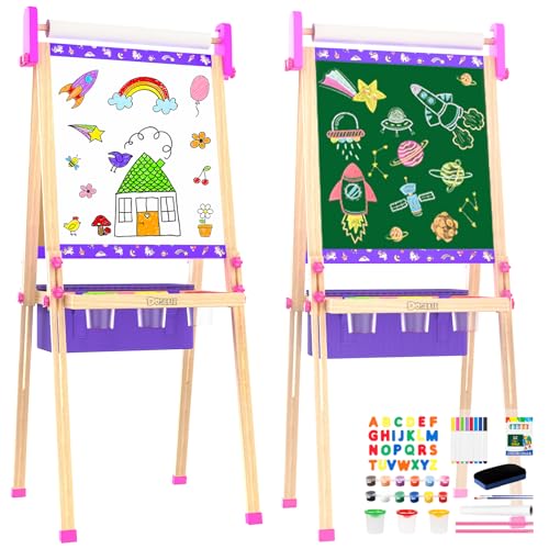 Wooden Art Easel for Kids,Double Sided Adjustable Magnetic Drawing Board