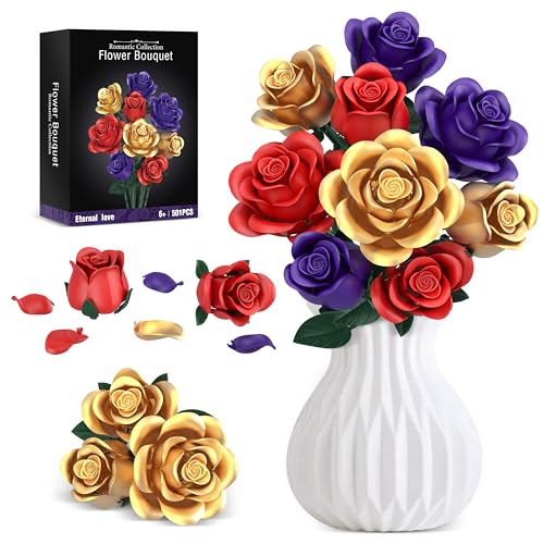 Rose Bouquet Flowers Building Set, 501Pcs Red Purple Golden Roses Artificial Flowers Botanical Collection Compatible with Lego Flowers Home Office Table Decor Gifts for Her/Mom/Girlfriend/Wife/Couple