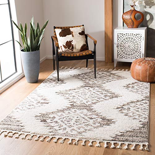 SAFAVIEH Moroccan Tassel Shag Collection Area Rug - 10' Square, Ivory & Brown, Boho Design, Non-Shedding & Easy Care, 2-inch Thick Ideal for High Traffic Areas in Living Room, Bedroom (MTS652A)