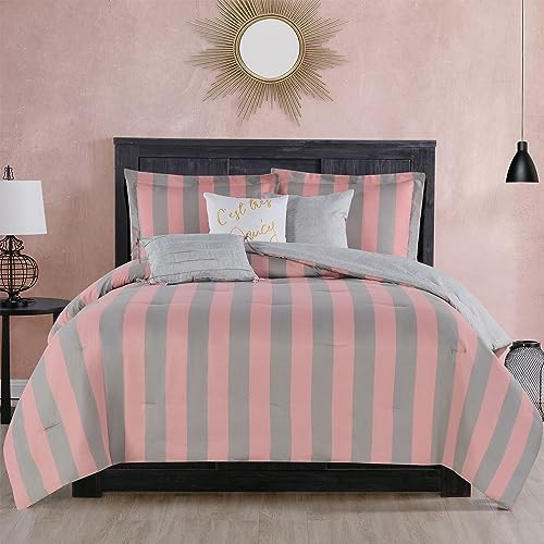 Juicy Couture Cabana Stripe Reversible Bedding Set - Queen/Full Size - Pink and Grey Stripe Print - 6 Piece Set - Includes 1 90 x 90 Comforter, 3 Decorative Pillows, 2 Shams