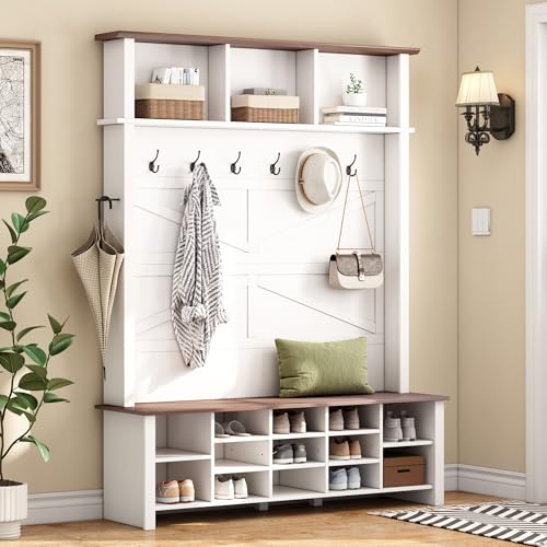 Merax Farmhouse Wood Hall Tree with 6 Hooks and Entryway Shoe Bench, 4-in-1 Coat Rack with 16 Open Compartments & Adjustable Shelves, for Entrance, Hallway, Mudroom, White
