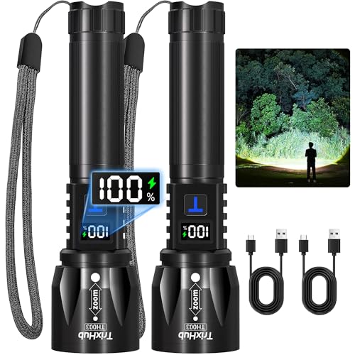TrixHub Rechargeable LED Flashlights High Lumens 2Pack, Super Bright Zoomable Handheld Flash Light with LCD Digital Display, Powerful Emergency Linternas, Waterproof, Long Lasting, for Hiking Camping