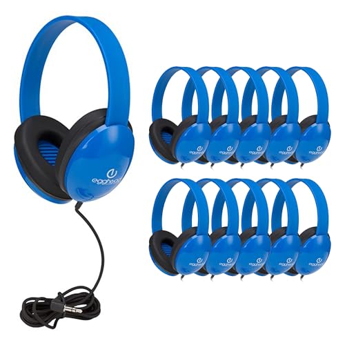 Egghead Heavy-Duty Kids' Headphones with Padded Ear Cups and 6' Cord, Adjustable Tangle-Free Plastic Classroom Headphones for Kids, Pack of 10, Blue