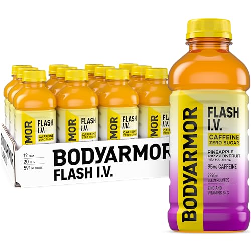 BODYARMOR Flash I.V. Zero Sugar + Caffeine, Pineapple Passionfruit Electrolyte Beverage, Hydration Drink For Rapid Rehydration, Post Workout Recovery, 20 Fl Oz (Pack of 12)
