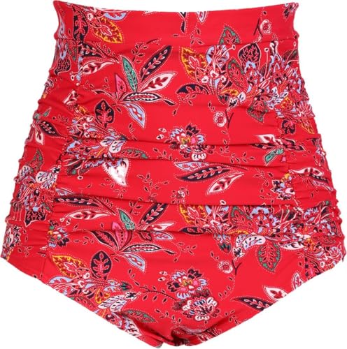 COCOPEAR Women's Ruched High Waisted Bikini Bottom Retro Vintage Swim Short Tankinis Floral 45 L