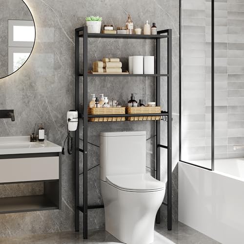VASAGLE Over the Toilet Storage, Over Toilet Bathroom Organizer with Adjustable Shelves and Basket, 3 Hooks, Space Saving, 9.4 x 23.6 x 63 Inches, Ebony Black UBTS113BE01S