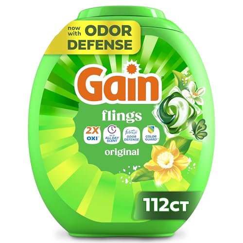 Gain Flings Liquid Washing Detergent Pods, Now with Odor Defense + Color Guard, Original Scent, 4-In-1 Liquid Laundry Detergent Pacs, Clean & Fresh, 112 Count (Packaging May Vary)