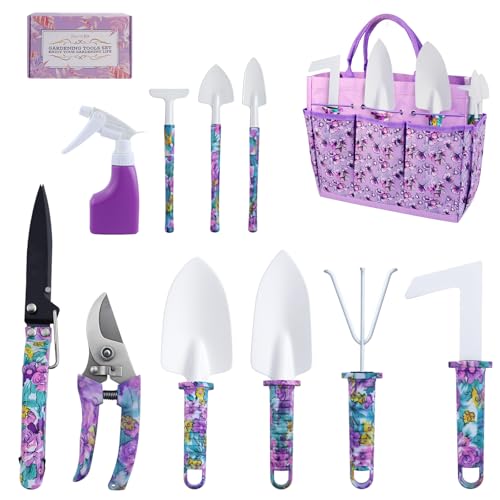 Gardening Tools Set for Women, 10-Piece Purple Floral Heavy Duty Garden Tool Set with Storage Tote Bag, Gardening Tools Kit with Ergonomic Non-Slip Handle, Ideal Women's Gift for Gardening