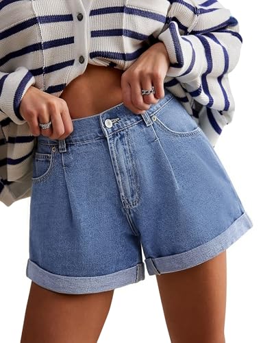 SEASEESI Jean Shorts Womens High Waisted Casual Cuffed Denim Shorts Non-Stretch Jorts 2026 Summer Trendy with Pocket（Light Bluen Medium）