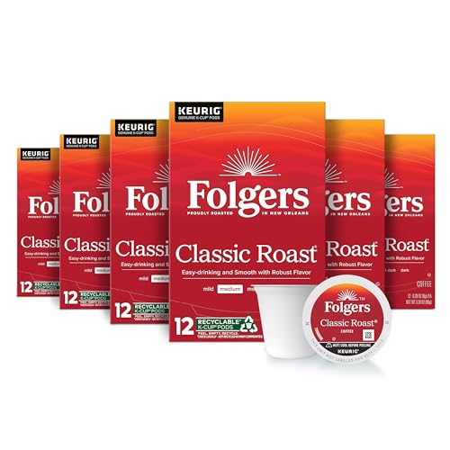 Folgers Classic Roast, Medium Roast Coffee, Keurig K-Cup Pods, 12 Count Boxes (Pack of 6)