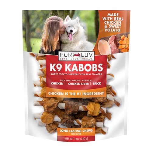 Pur Luv Dog Treats, K9 Kabobs Made with Real Chicken, Duck, and Sweet Potato, 12 Ounces, Dog Snacks, Healthy, Easily Digestible, Long-Lasting, High Protein Treat, Satisfies Urge to Chew