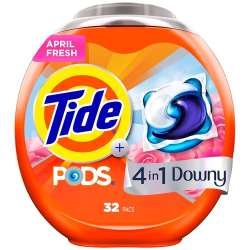 Tide PODS Laundry Detergent soap with a touch of Downy 4-in-1 Detergent, 32 Count, Stain Remover, Freshness, Softness, Fabric Protecter, HE Compaible