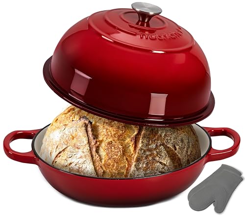 NutriChef 10.2" Enameled Cast Iron Bread Oven, Dome-Shaped Sourdough Baking Pan with Handles & Silicone Gloves, Oven-Safe to 500°F, Dishwasher Safe Dutch Oven Bread Pan (Red)