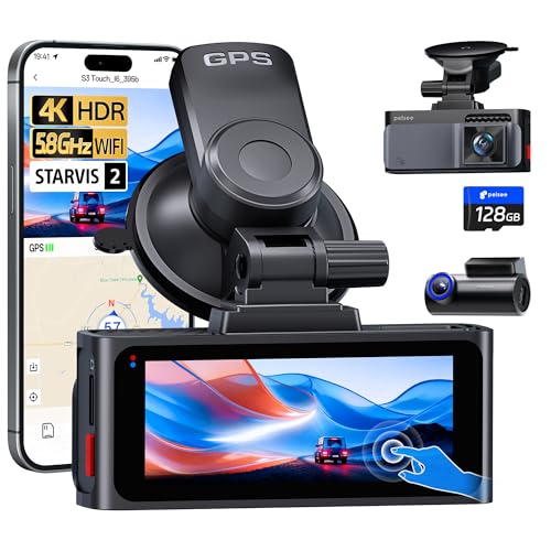 Pelsee S3 Touch 4K Dash Cam Front and Rear, STARVIS 2 Sensor, STARLIT™ Full Color Night Vision, 128GB Card, WiFi 6, ADAS, Dash Camera for Cars with 3.39"IPS Screen, Voice Control, 24H Parking Mode GPS