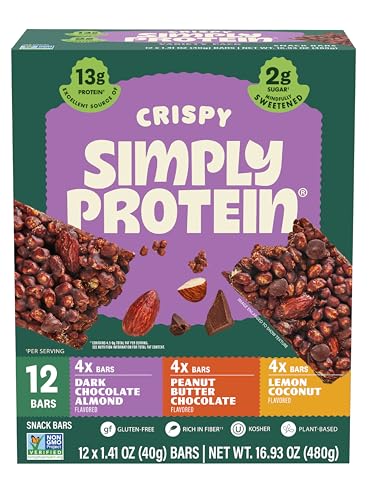 Simply Protein - Crispy Vegan Protein Bars Variety Pack, 3 Flavors - Plant Based, Protein Snacks - 13g Protein, 2g Sugar, 7g Fiber - Gluten Free, Non GMO, Kosher - 12 Bars