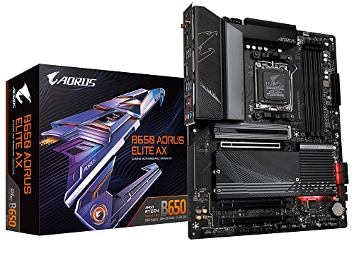 GIGABYTE B650 AORUS Elite AX AMD AM5 ATX Motherboard, Support Ryzen 9000/8000/7000 Series, DDR5, 14+2+1 Power Phase, PCIe 5.0 M.2, USB-C 3.2 Gen 2, WIFI6E, 2.5GbE, EZ-Latch, Q-Flash, RGB Fusion