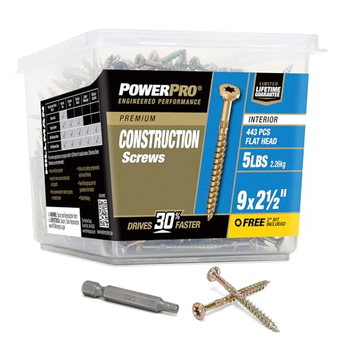Power Pro 48591 Wood Screws, #9 x 2-1/2, Premium Star Drive Indoor Cabinet Screws, Gold Yellow Zinc, 5lb Tub