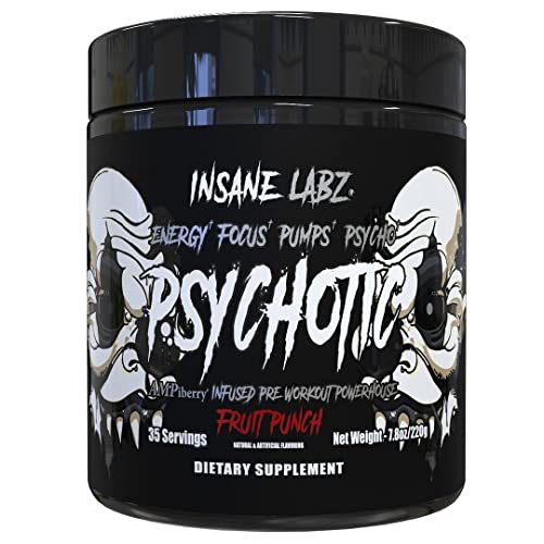 Insane Labz Psychotic Black Edition Mid Stimulant Pre Workout Powder, Energy Focus Pumps, Loaded with Creatine Beta Alanine Taurine Fueled by AMPiberry, 35 Servings (Fruit Punch)