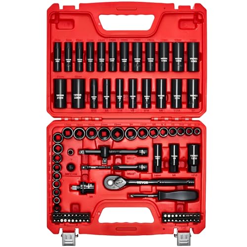 VEVOR 96 Piece 3/8" Drive Impact Socket Wrench and Bit Set, SAE (5/16" to 3/4") & Metric (8 to 22 mm), CR-V, Deep & Shallow, 6 Point, Ratchet, Universal Joint, Bit Holder, Adapters, Spark Plug Socket