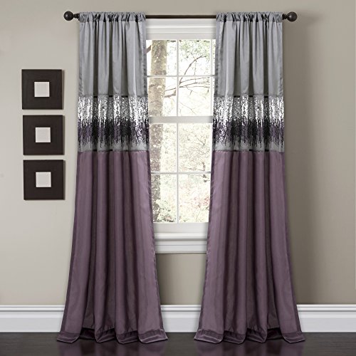 Lush Decor Night Sky Window Curtain Panel, Single, 42" W x 84" L, Purple & Gray - Sequin Curtains - Sparkle & Color Block Design - Modern Glam Decor - Long Curtains For Bedroom & Living Room