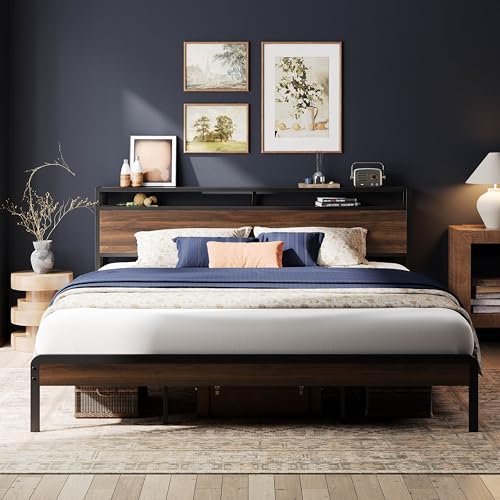 LIKIMIO California King Bed Frame with Headboard, Dark Wood Camas California King with Strong Supports, Sturdy, Noise-Free, No Box Spring Needed, Dark Walnut