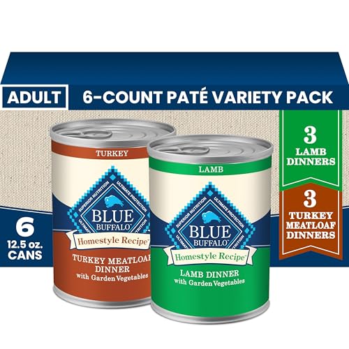 Blue Buffalo Homestyle Recipe Wet Dog Food Paté Variety Pack, Turkey Meatloaf Dinner & Lamb Dinner with Garden Vegetables, Made with Natural Ingredients, 12.5-oz. Can (6 Count, 3 of Each)