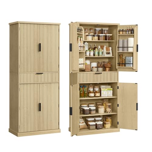 VASAGLE MAXE Collection - Pantry Cabinet, 70.6-Inch Tall Storage Cabinet with Drawer, 6 Adjustable Shelves, 2 Cabinets, Fluted Doors, Mid Century Modern, for Kitchen Living Room, Oak Beige UBBK365Y01