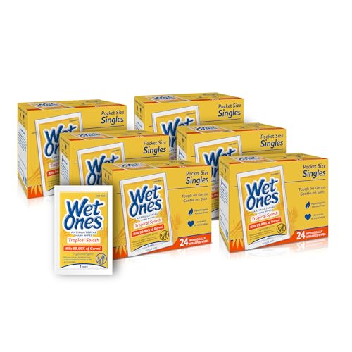 Wet Ones Antibacterial Hand Wipes Singles, Tropical Splash Wipes, Individual Wipes, Antibacterial Wipes, Hand Wipes Individually Wrapped, 24ct (6 pack)